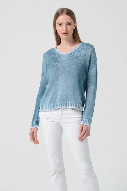 hand dyed blue v-neck knit top