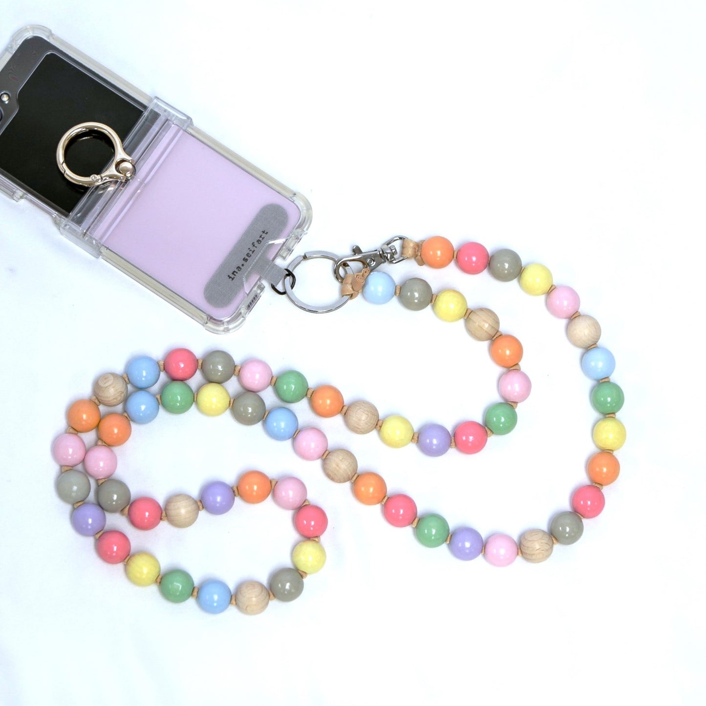 ina seifart big wood bead multi pastel mix phone and key chain accessory beaded phone straps