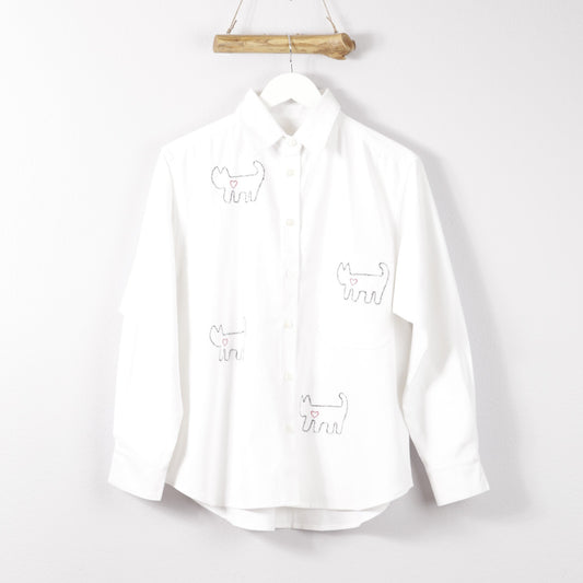 cats with a heart button down white shirt