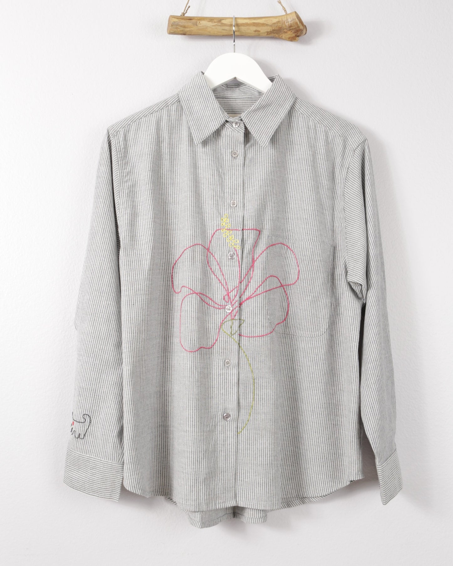 fashion over 40 hibiscus embroidery stripped shirt long sleeve button down cats with a heart