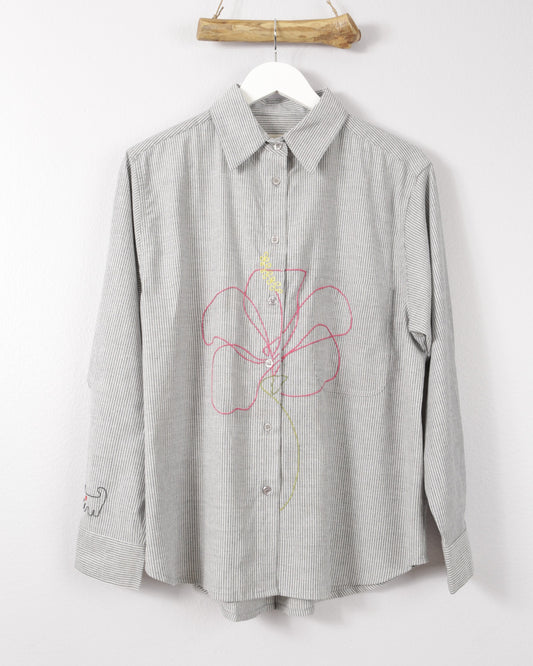 fashion over 40 hibiscus embroidery stripped shirt long sleeve button down cats with a heart