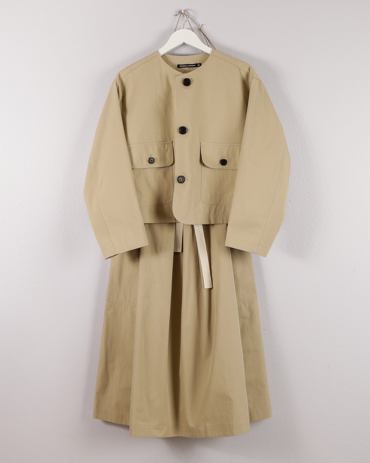 Matching set featuring nicholson & nicholson Rocky Utility Jacket and cotton midi skirt in beige