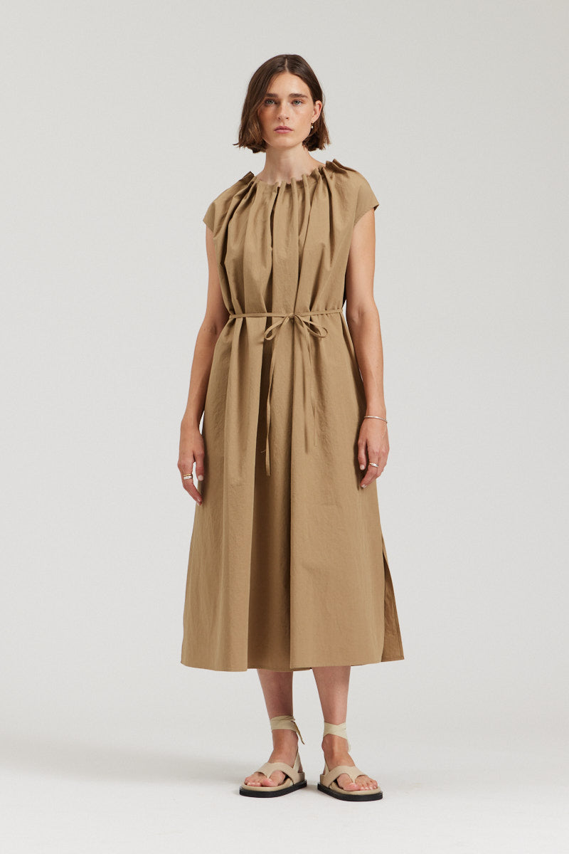 Pleated Neckline A-Line Midi Dress in Safari La Sienne Pleated Neckline A-Line Midi Dress in Safari La Sienne