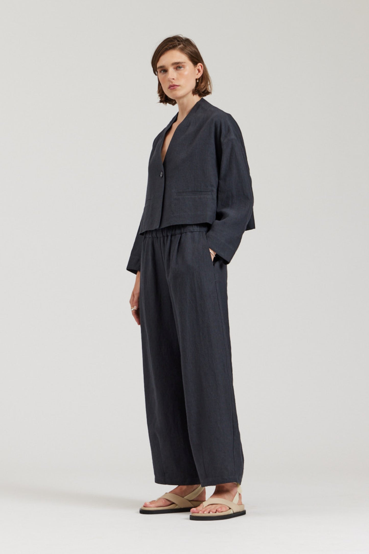 Collarless Cropped Blazer in Deep Navy