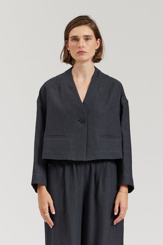 Collarless Cropped Blazer in Deep Navy