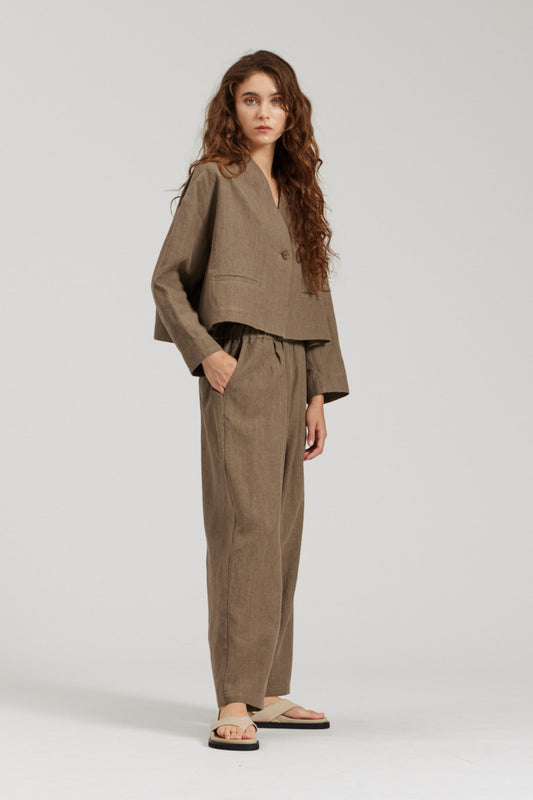 Relaxed linen blend pants with elasticated waist and side pockets