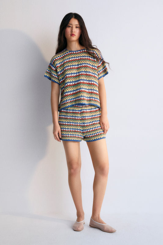 the new society spring summer outfit crochet striped knit top
