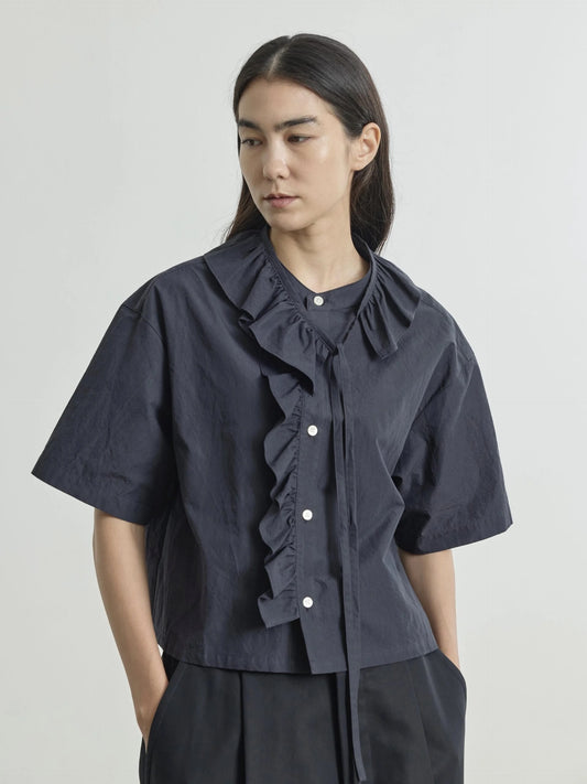 EMMA-W Ruffle Blouse in Navy