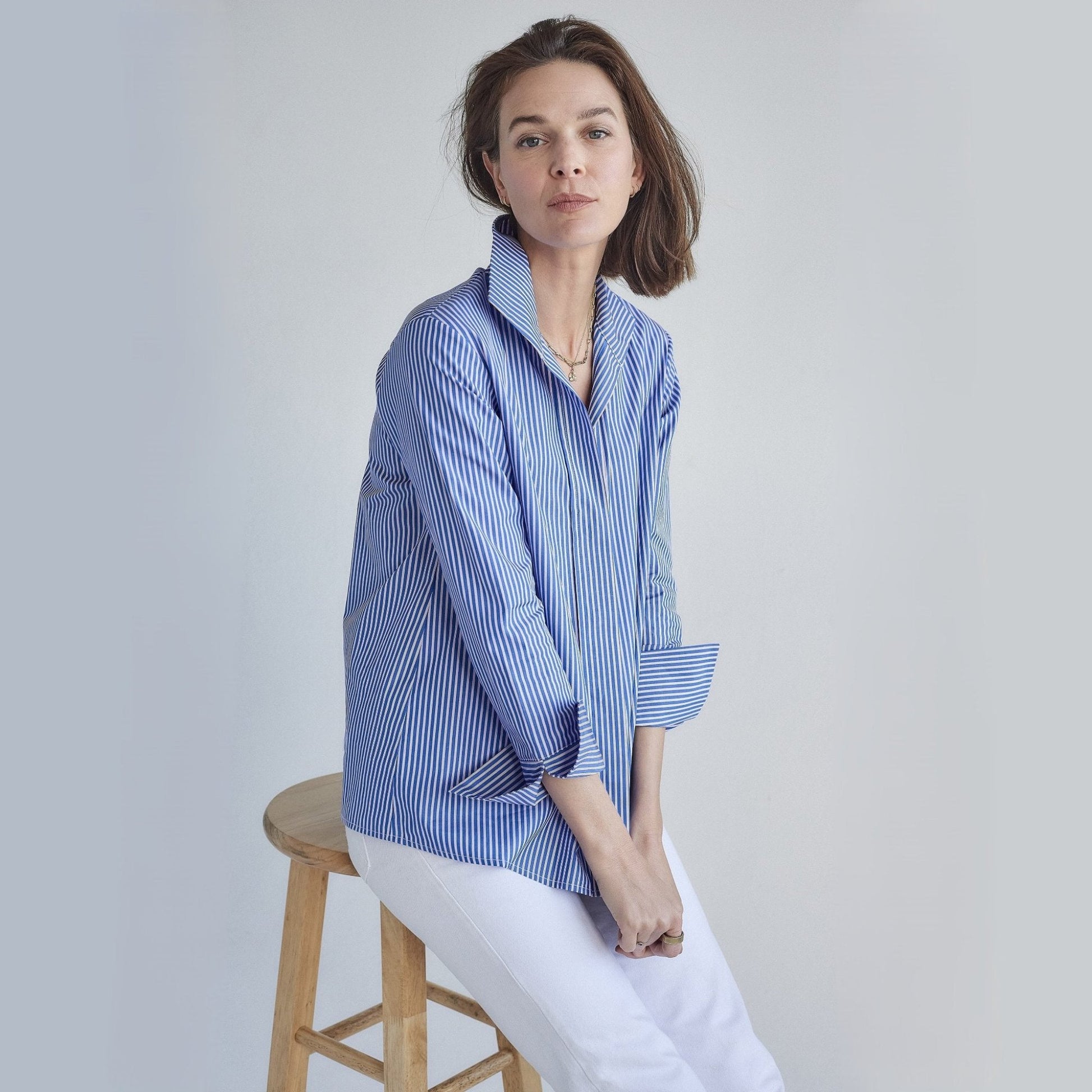 mona thalheimer blue striped shirt