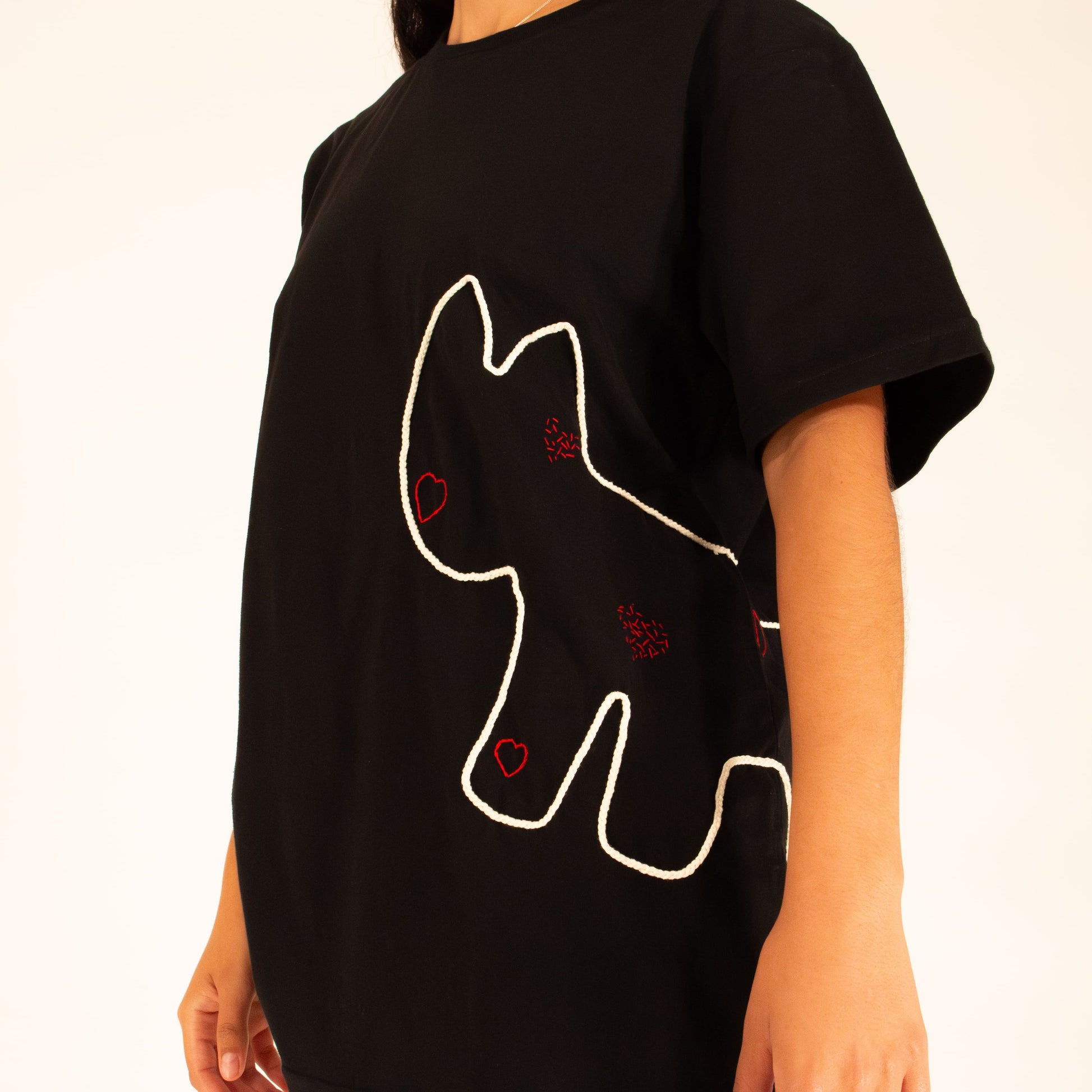 cats with a heart crochet embroidery design short sleeve tee cotton