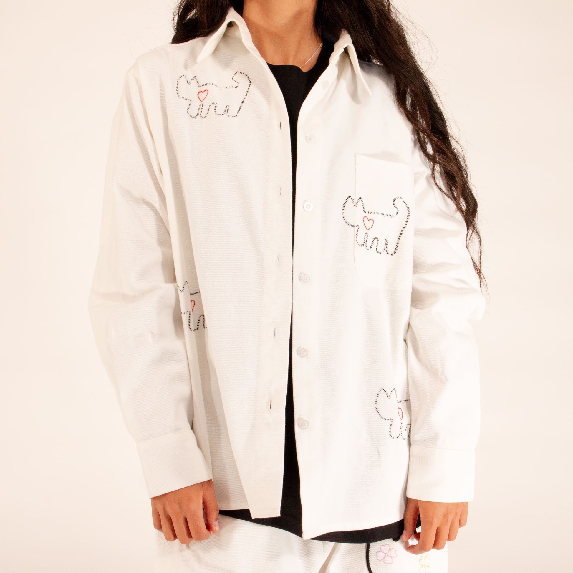 white long sleeve collard shirt cat with a heart embroidery