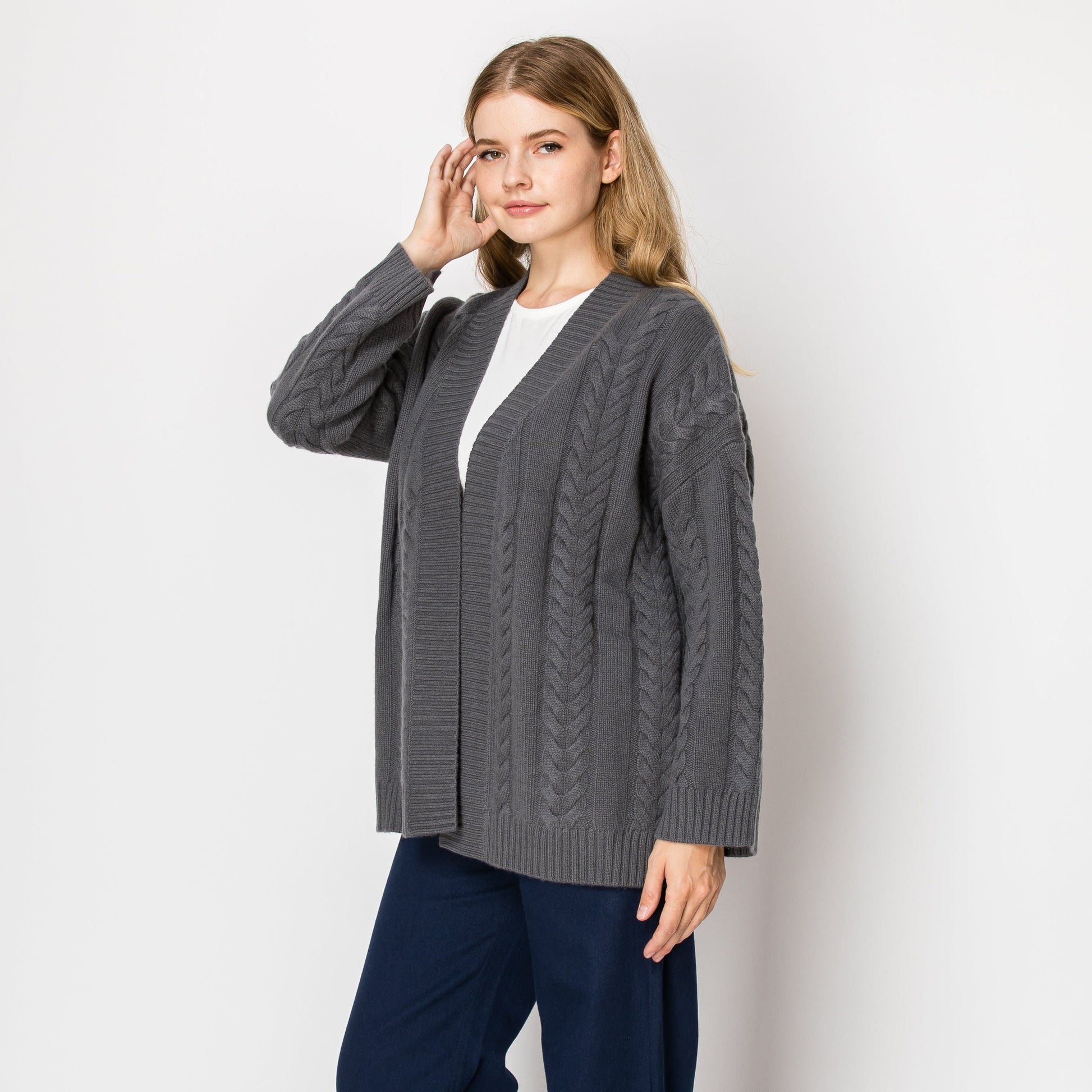 medium length open cardigan grey color