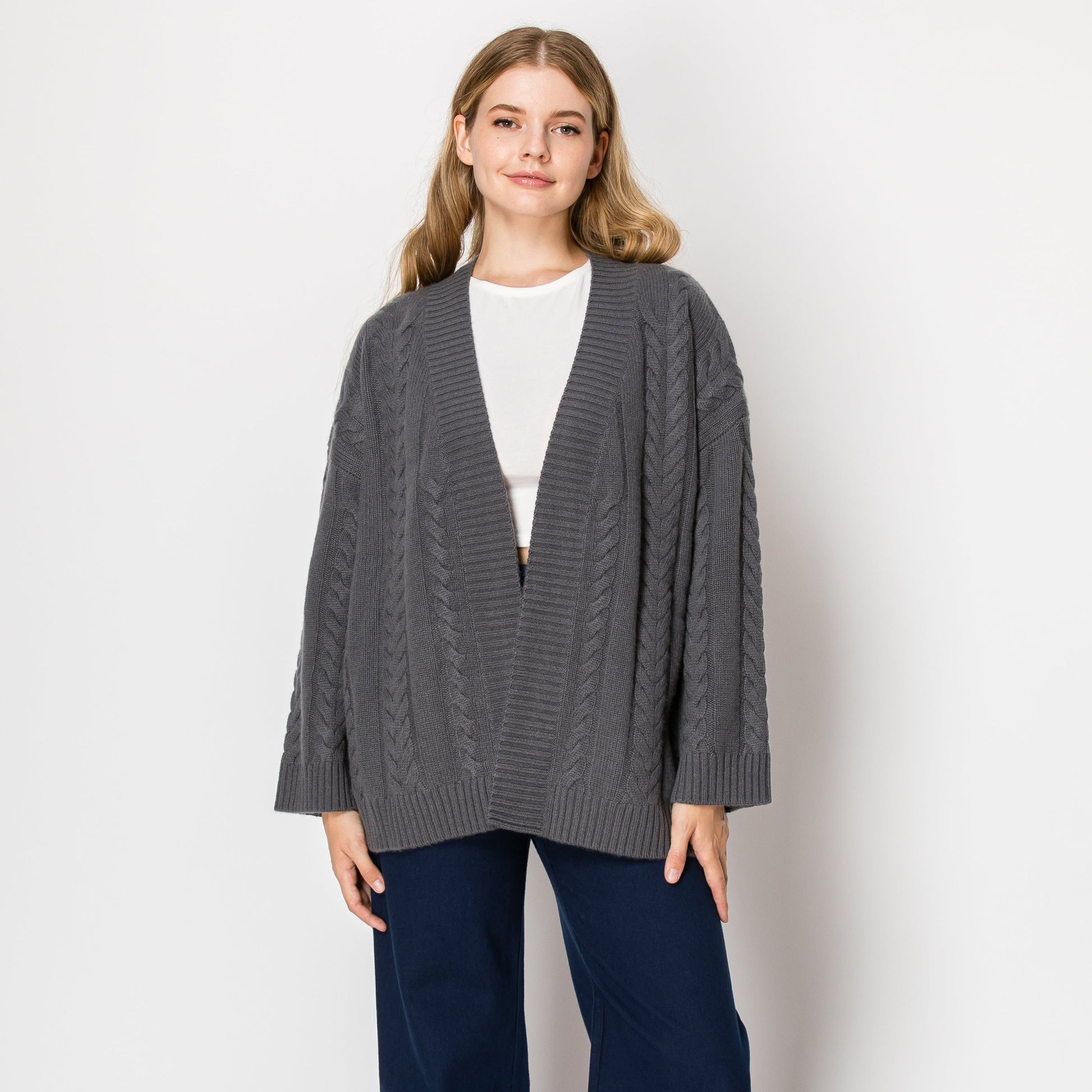 w. cashmere cable knit open cardigan