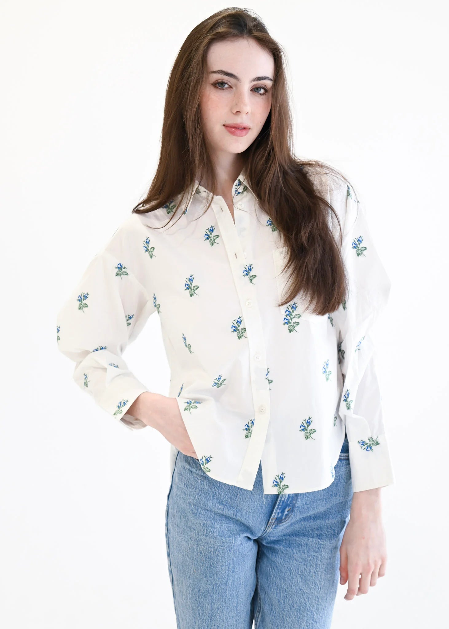 embroidery detail long sleeve button down shirt