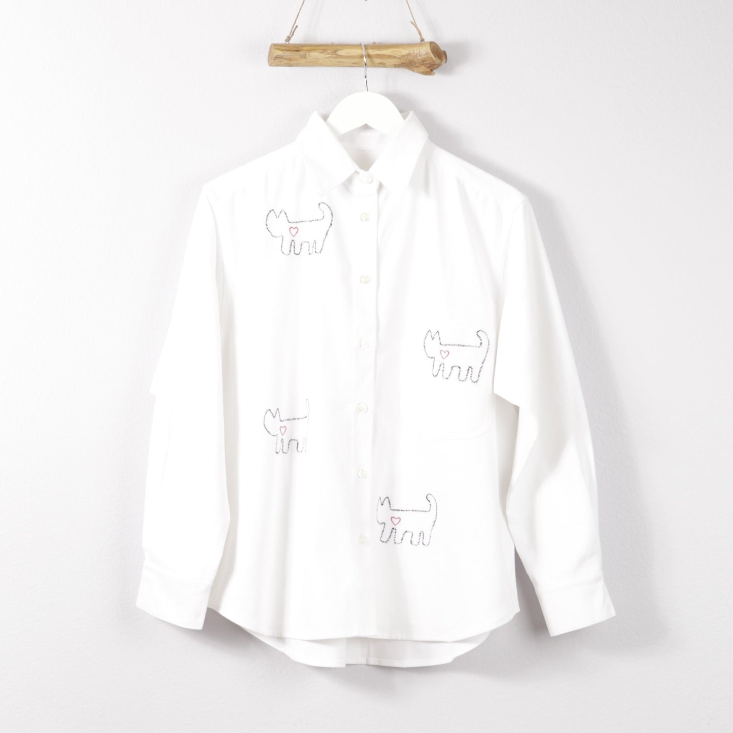 cats with a heart button down white shirt 