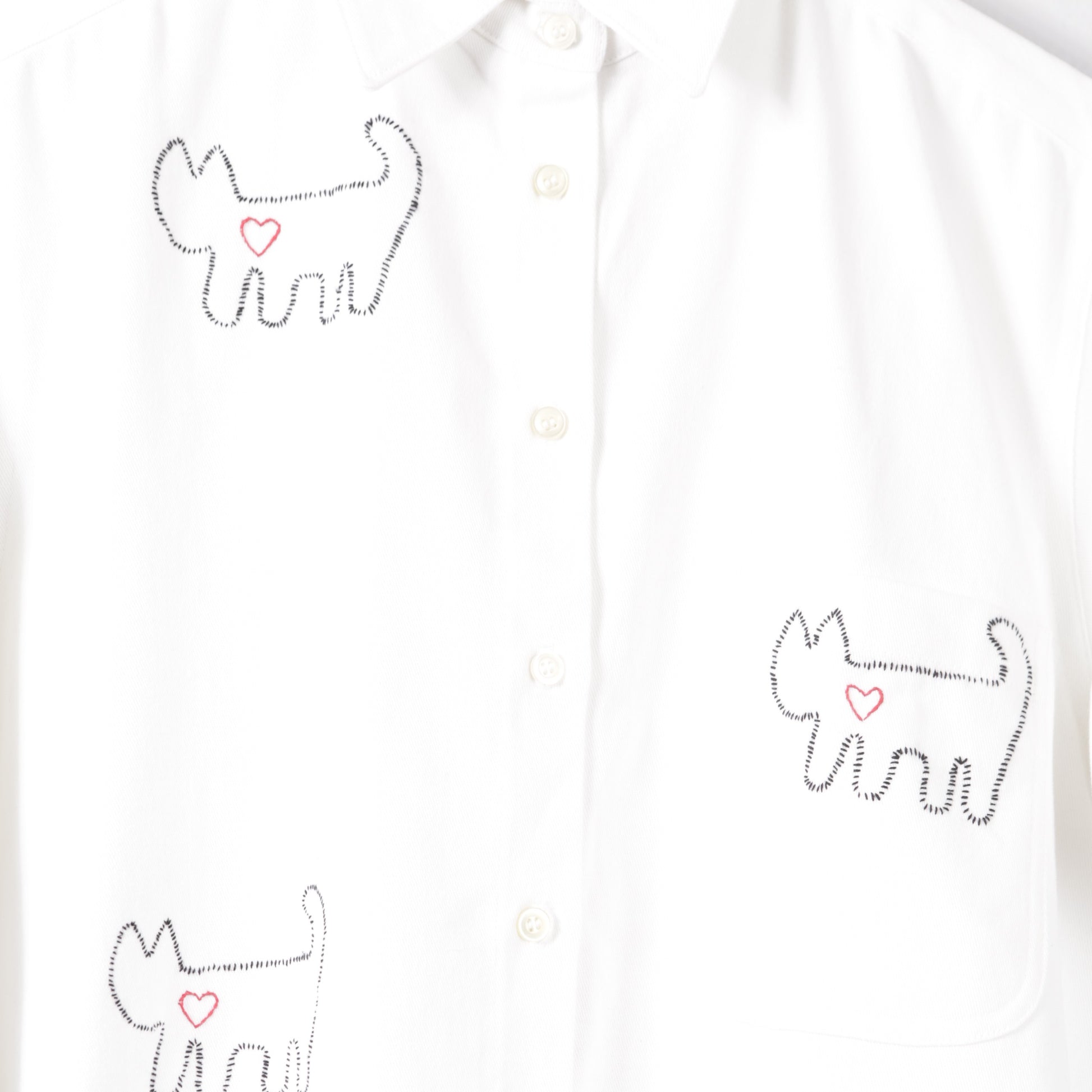 cat with a heart embroidery white button down shirt 