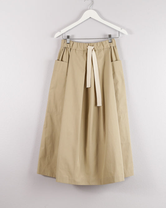 nicholson & nicholson beige cotton midi skirt with drawstring waistband and front pleats