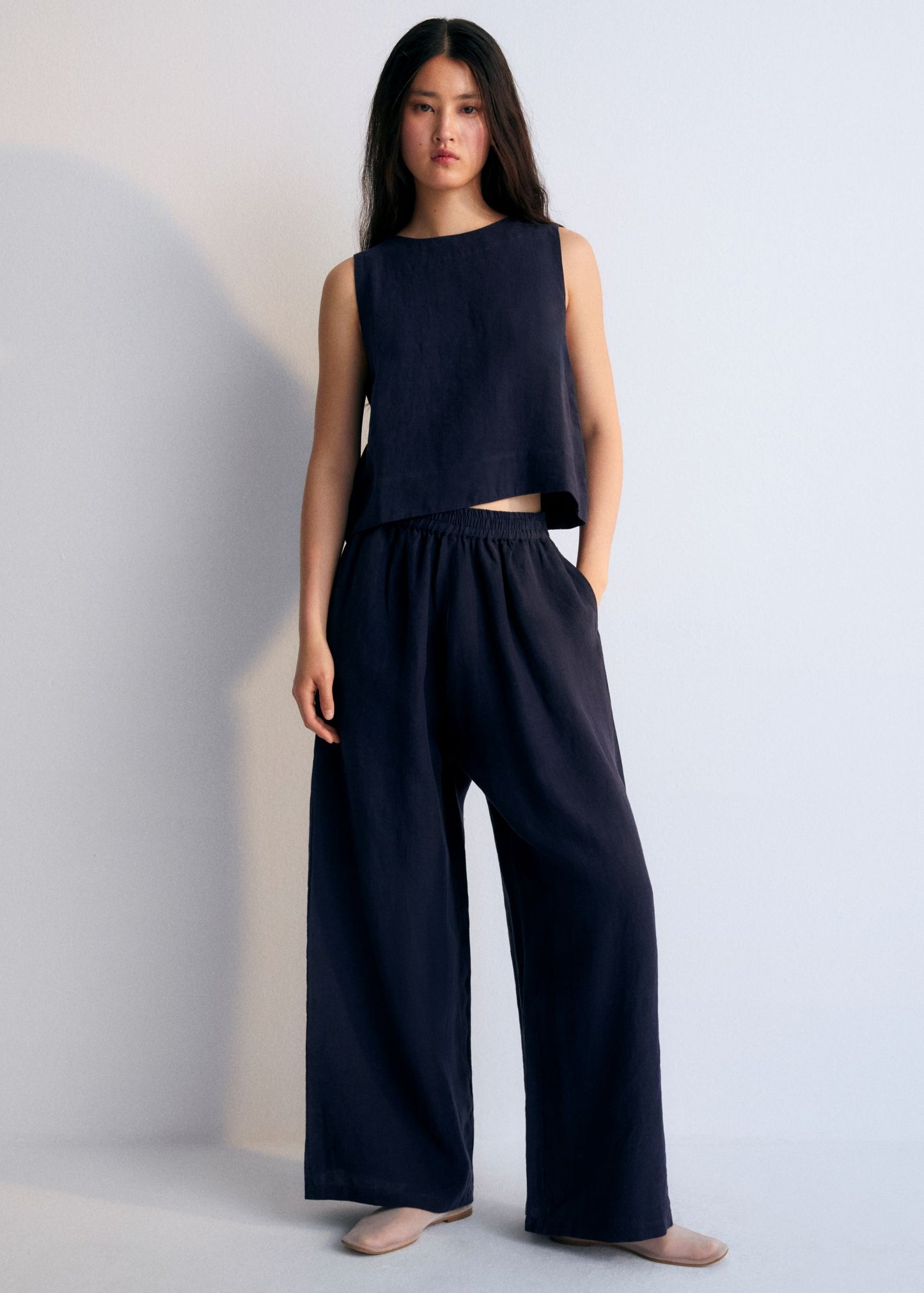 navy linen palazzo pants