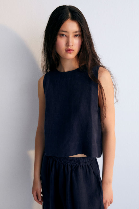 navy sleeveless linen top