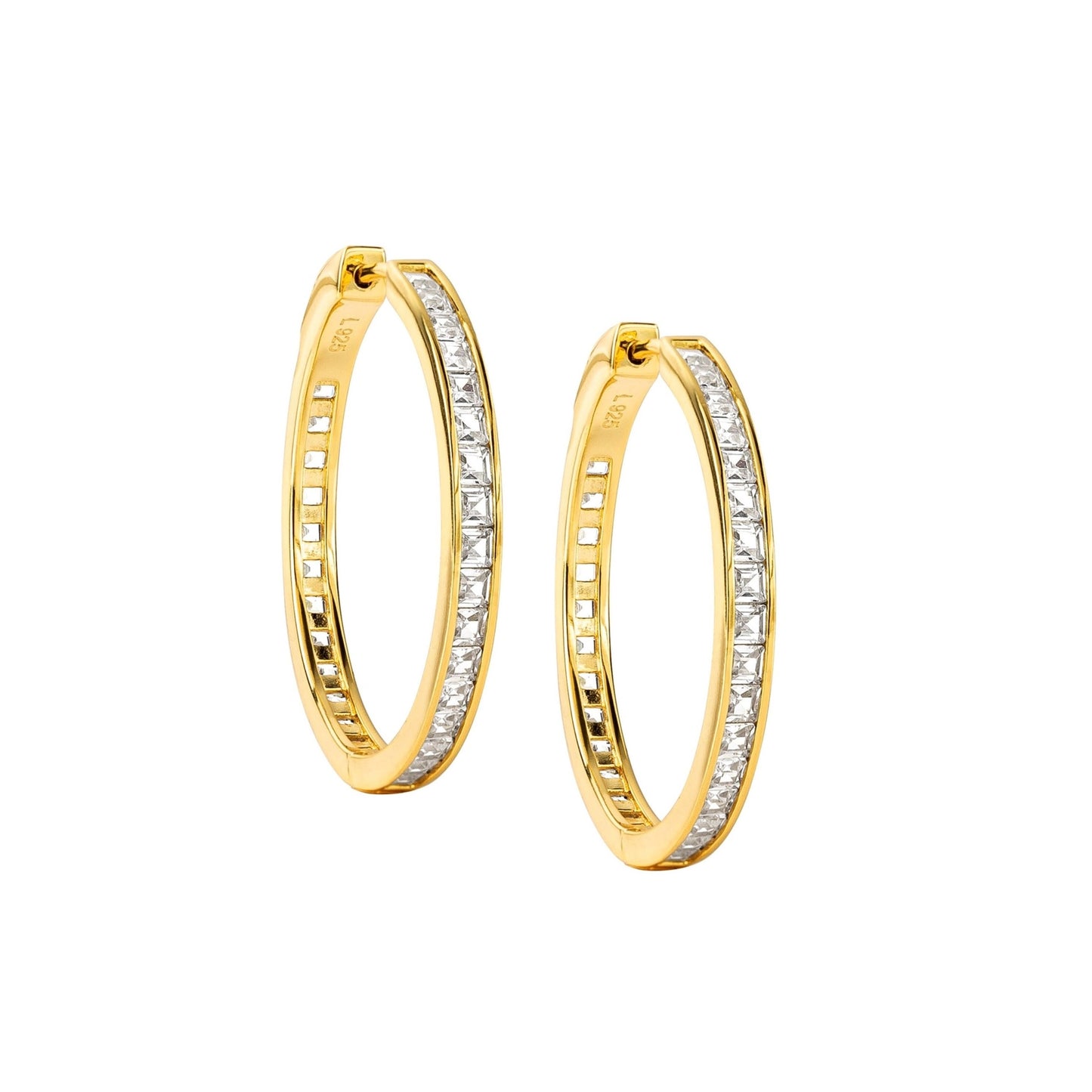 Channel Set Square C.Z. Gold Hoop Earrings